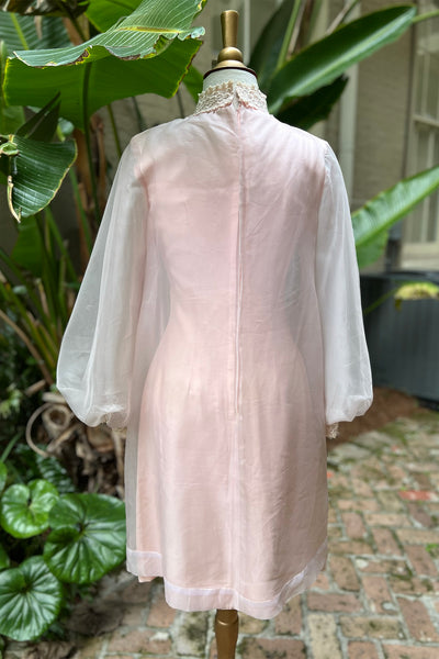 Vintage 60s Pink Floral Satin MISS ADVENTURE Mod Flower Power Long Sleeve Mini Dress