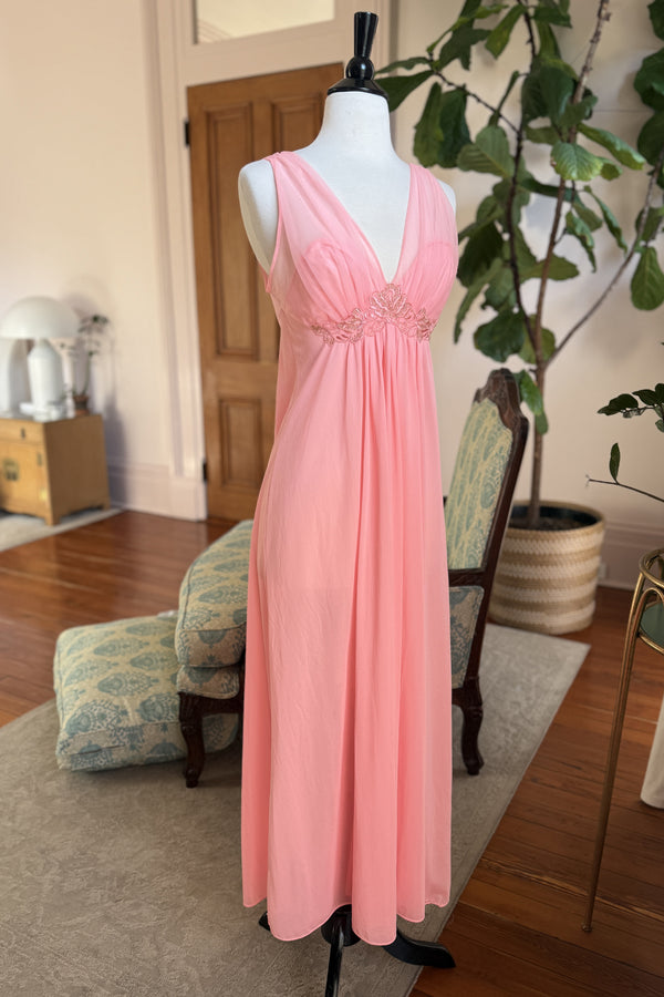 Vintage 1960s Salmon Pink Nylon Gown - Size S/M