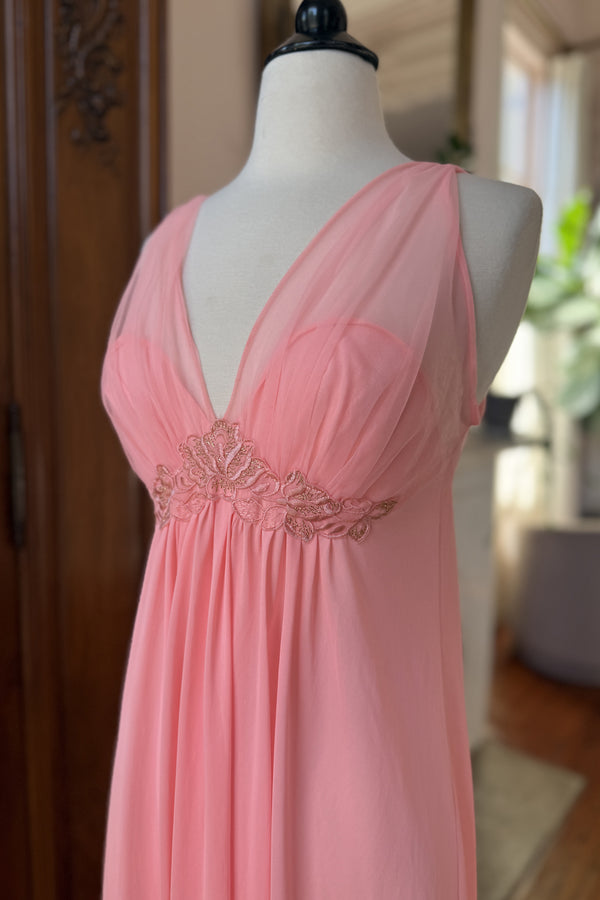 Vintage 1960s Salmon Pink Nylon Gown - Size S/M