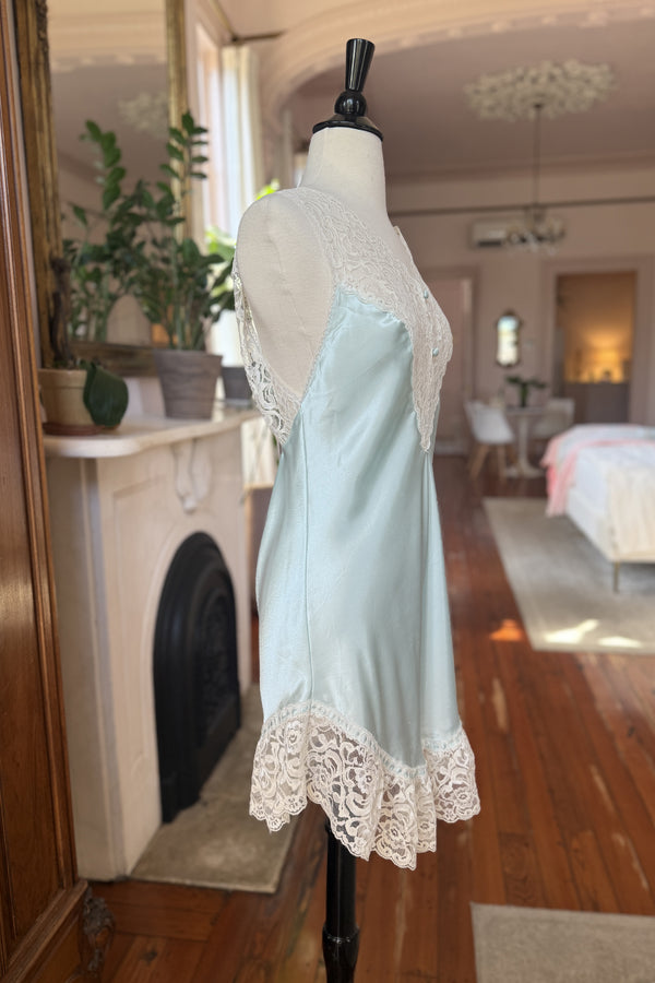 Vintage 1980s Aqua Satin & Lace Chemise - Size Small