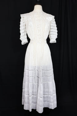 Vintage Antique White Lace Ruffle Sleeve Dress - Sz 0/2