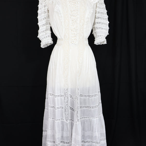 Vintage Antique White Lace Ruffle Sleeve Dress - Sz 0/2