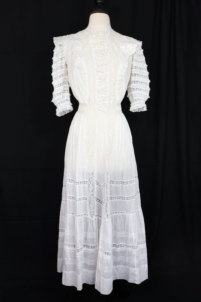 Vintage Antique White Lace Ruffle Sleeve Dress - Sz 0/2