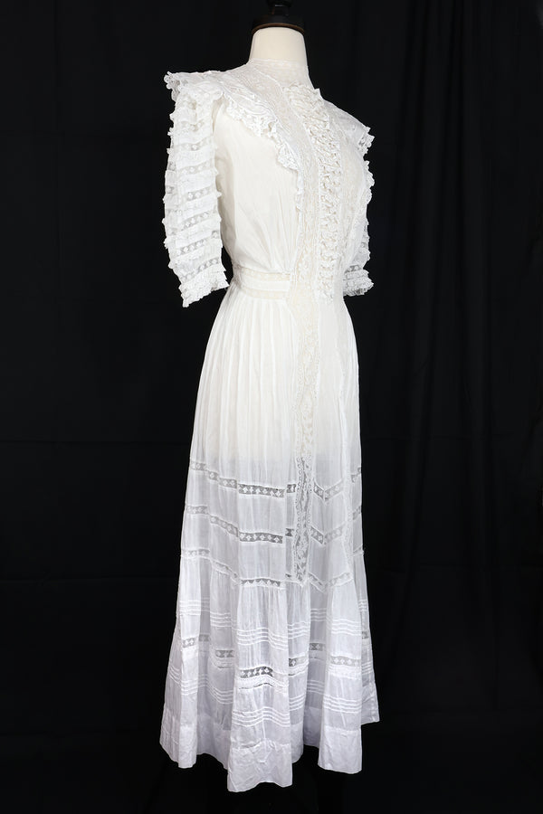 Vintage Antique White Lace Ruffle Sleeve Dress - Sz 0/2