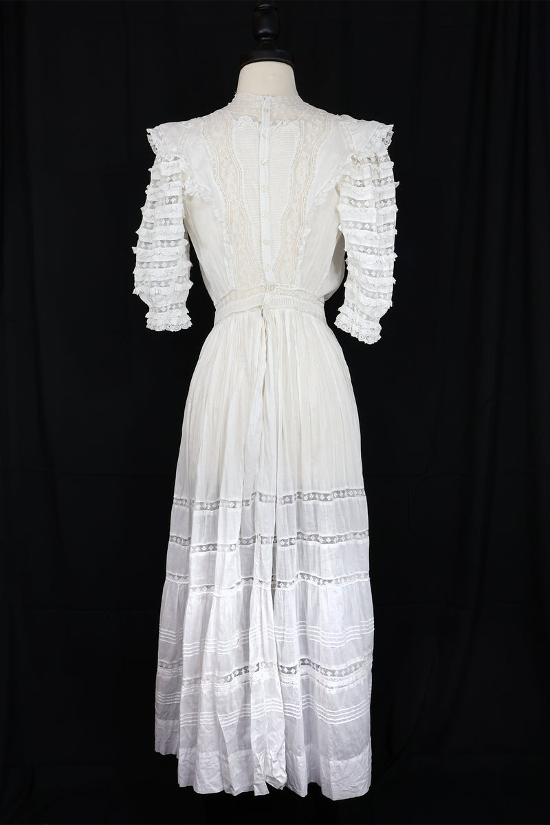 Vintage Antique White Lace Ruffle Sleeve Dress - Sz 0/2