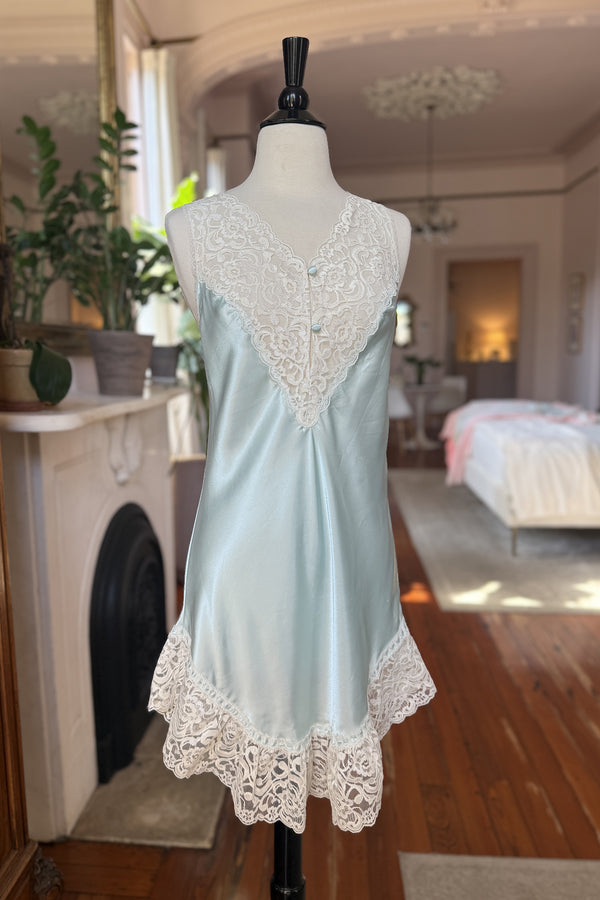 Vintage 1980s Aqua Satin & Lace Chemise - Size Small