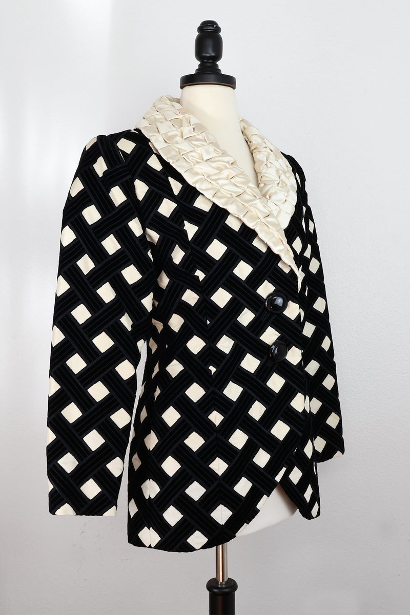 Iris Apfel Collection: Galanos Black Silk Velvet & Ivory Lattice Satin Coat