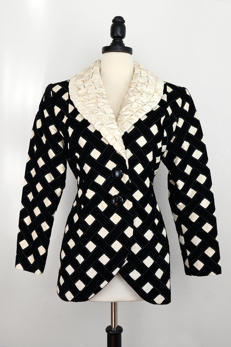 Iris Apfel Collection: Galanos Black Silk Velvet & Ivory Lattice Satin Coat
