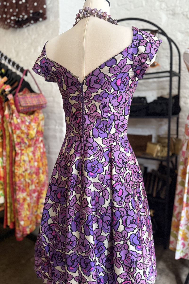Vintage 1950s 60s Silk Purple Floral Dress  - 28in Waist