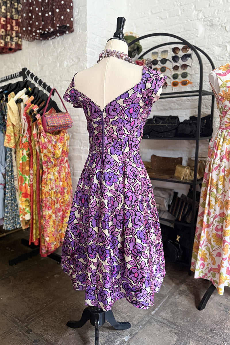 Vintage 1950s 60s Silk Purple Floral Dress  - 28in Waist