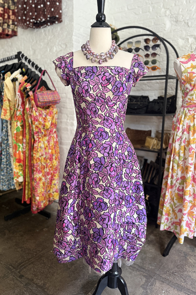 Vintage 1950s 60s Silk Purple Floral Dress  - 28in Waist