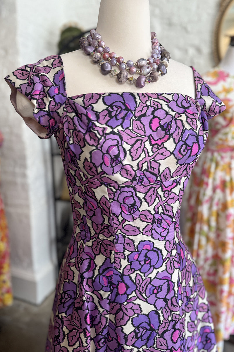 Vintage 1950s 60s Silk Purple Floral Dress  - 28in Waist