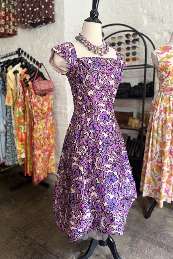 Vintage 1950s 60s Silk Purple Floral Dress  - 28in Waist