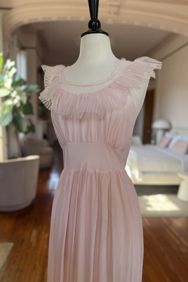 Vintage 1940s Pink Ruffle Bias Gown - 34 inch waist