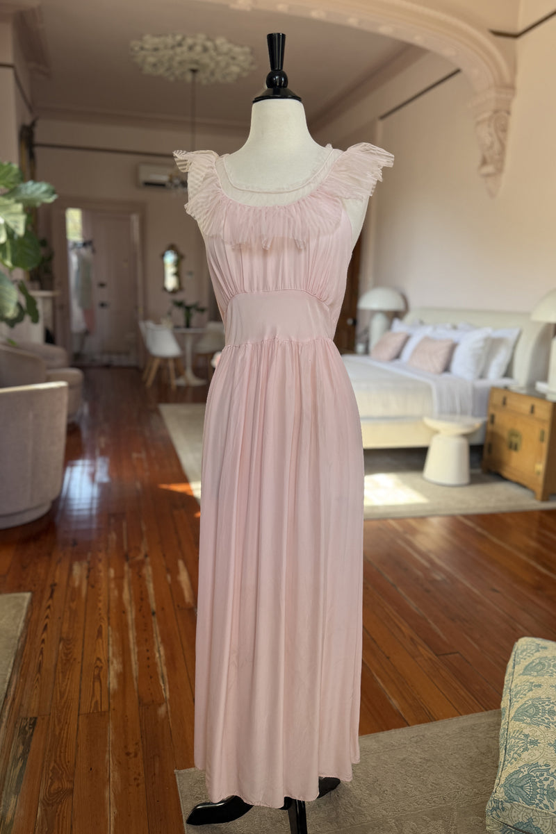 Vintage 1940s Pink Ruffle Bias Gown - 34 inch waist