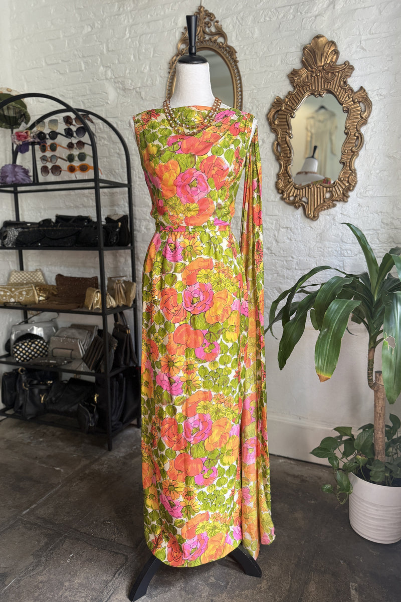 Vintage 1960s Saks 5th Ave Floral Gown with Sash  - 26in waist