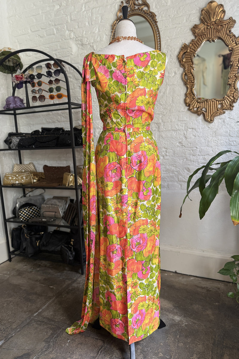 Vintage 1960s Saks 5th Ave Floral Gown with Sash  - 26in waist
