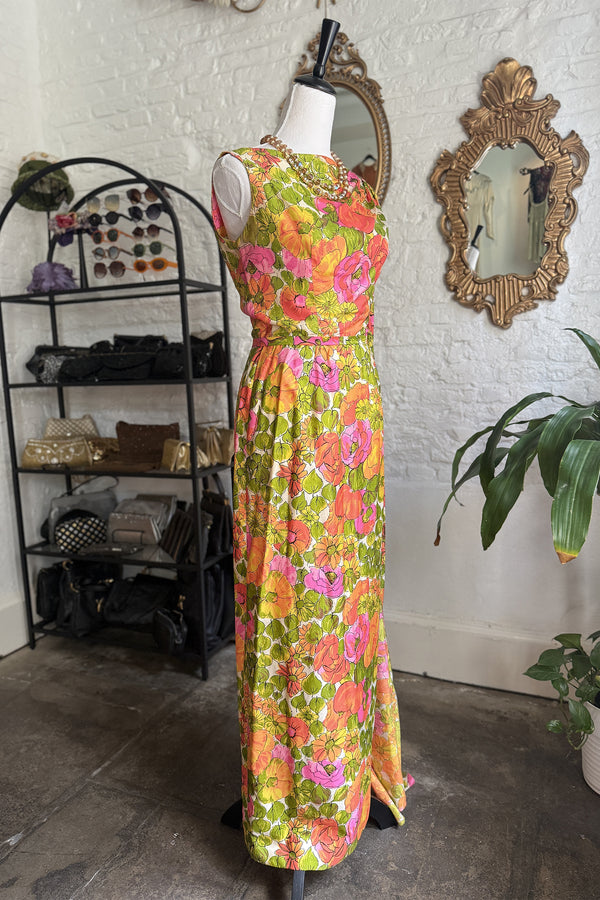 Vintage 1960s Saks 5th Ave Floral Gown with Sash  - 26in waist