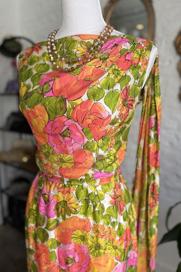 Vintage 1960s Saks 5th Ave Floral Gown with Sash  - 26in waist