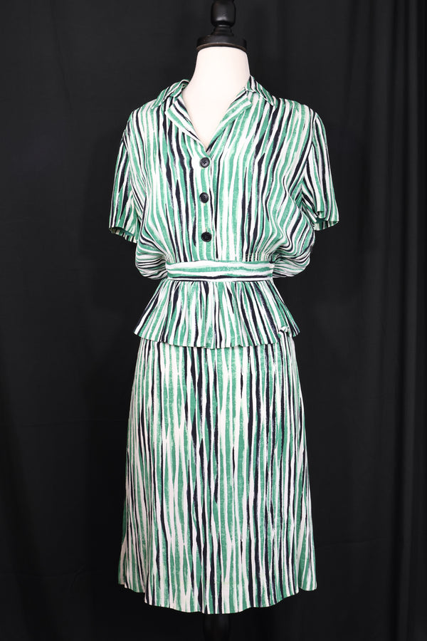 Vintage 1940s Striped Peplum Rayon Dress - 28in Waist