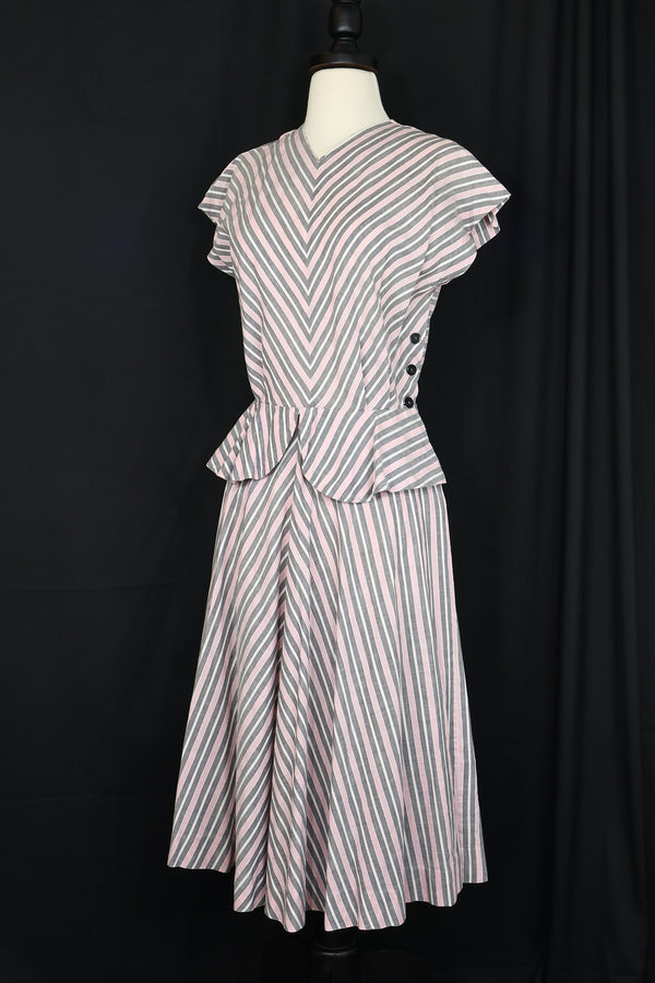 Vintage 1940s/1950s UNWORN Pink Stripe Peplum Dress - 28in Waist