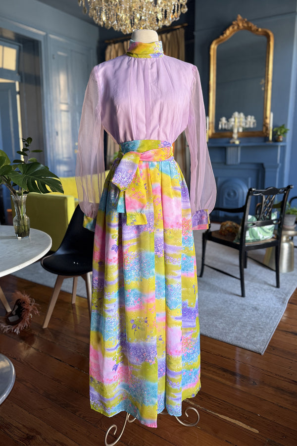 Vintage 1970s Lilac and Hydrangea Print Maxi Dress