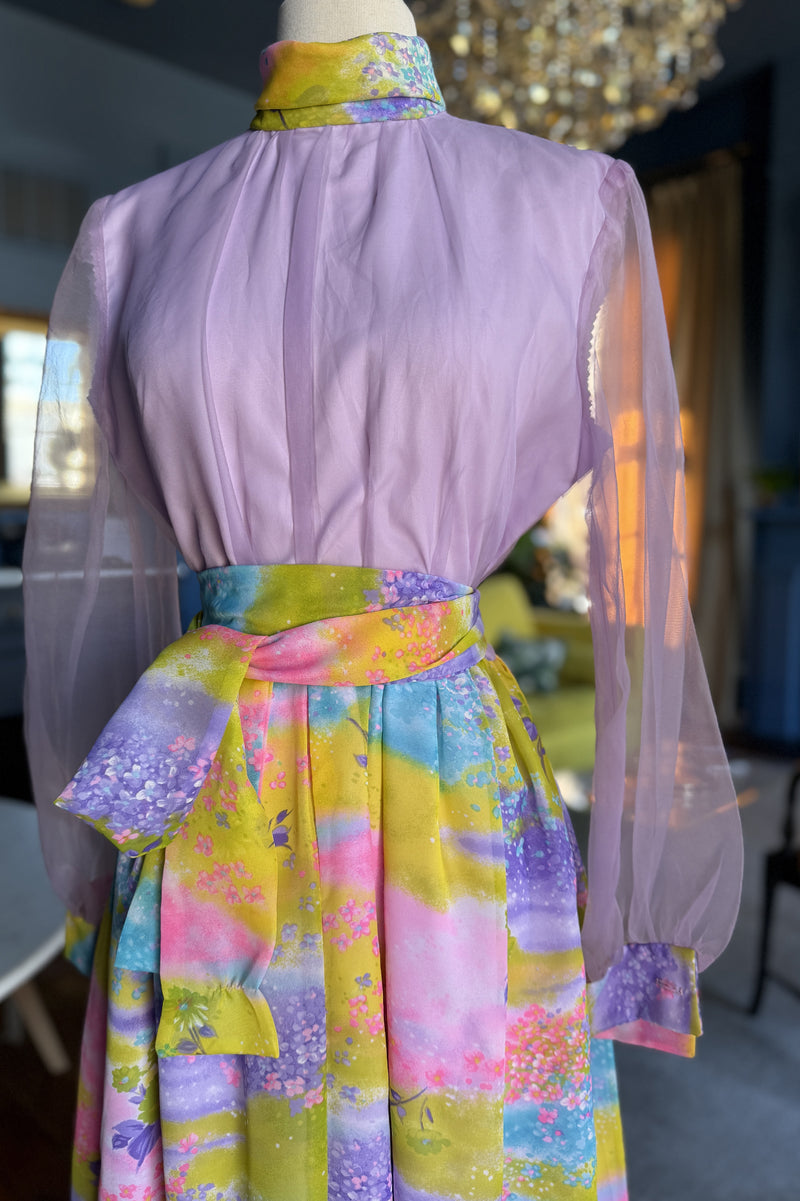 Vintage 1970s Lilac and Hydrangea Print Maxi Dress