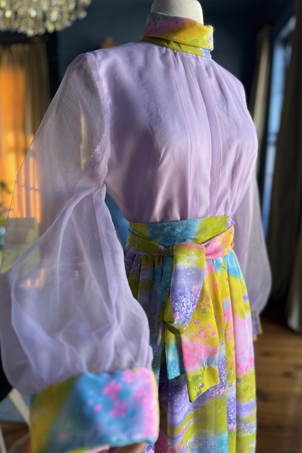 Vintage 1970s Lilac and Hydrangea Print Maxi Dress