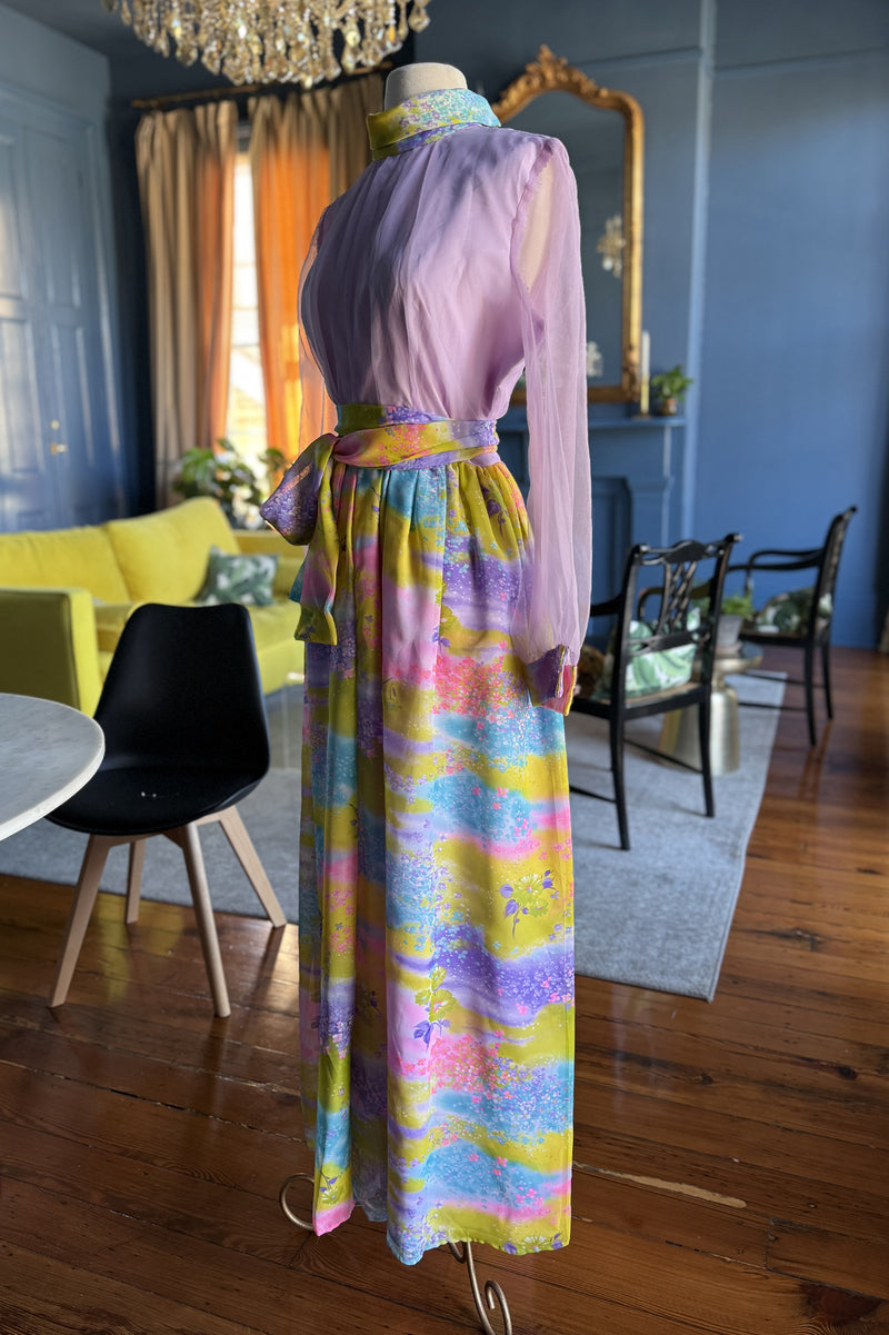 Vintage 1970s Lilac and Hydrangea Print Maxi Dress