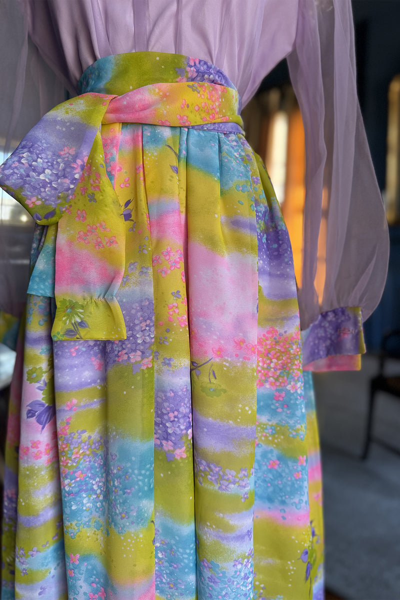 Vintage 1970s Lilac and Hydrangea Print Maxi Dress