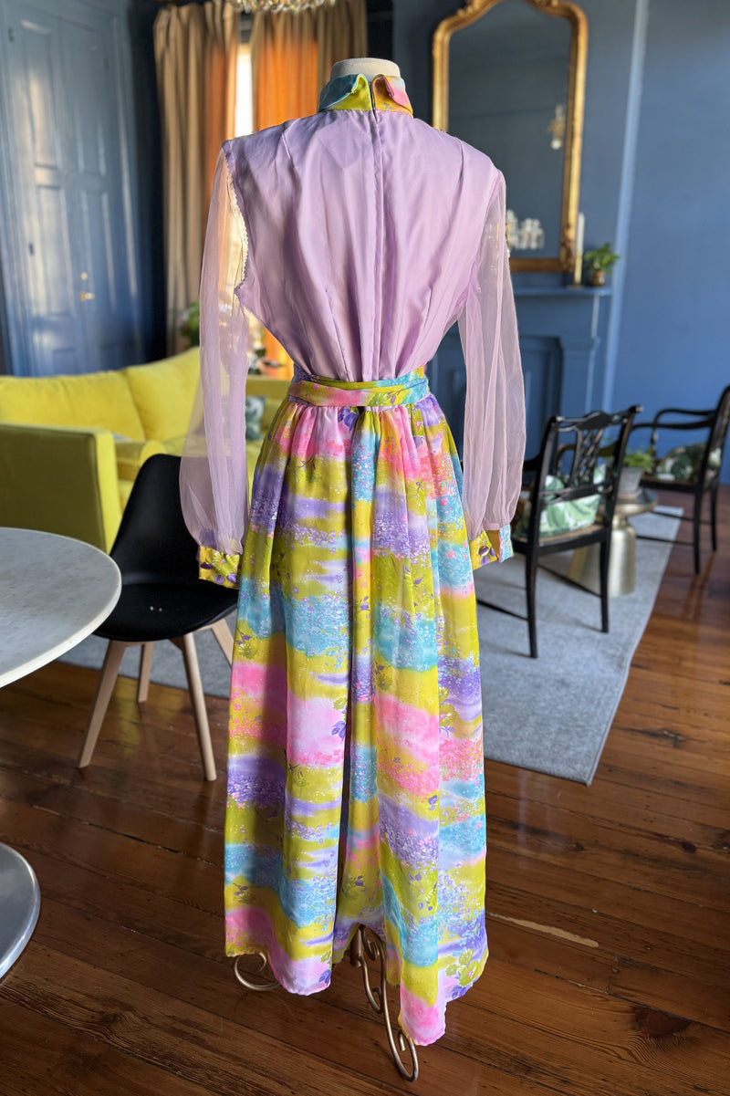 Vintage 1970s Lilac and Hydrangea Print Maxi Dress