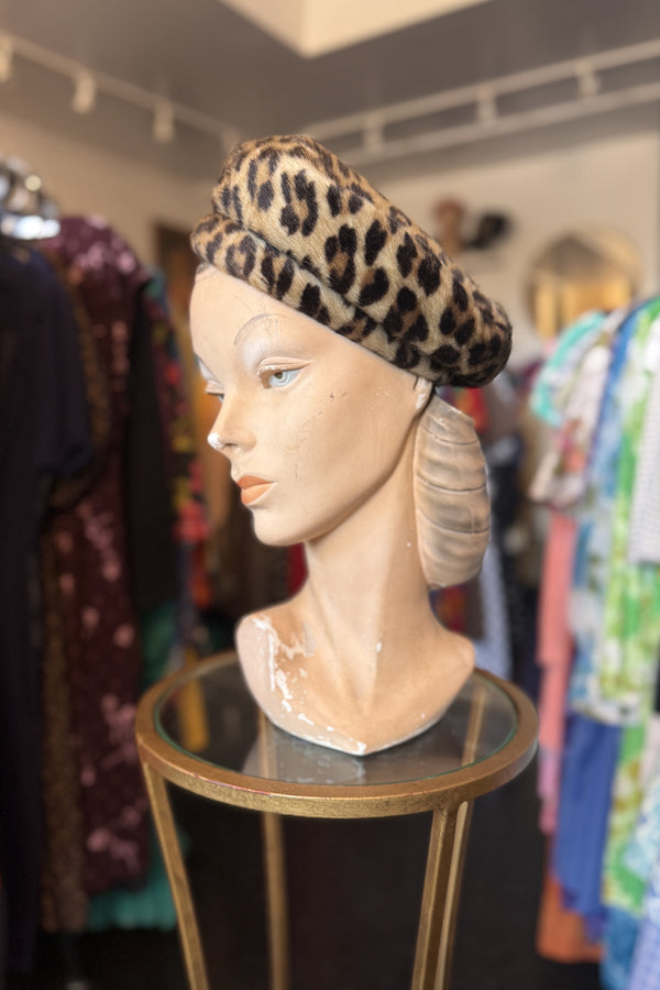 Vintage 1960s Faux Fur Leopard Beret