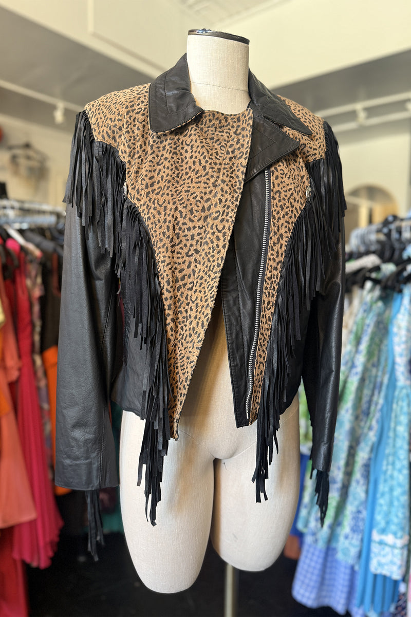 Vintage Fringe Leather Leopard Jacket - Sz M