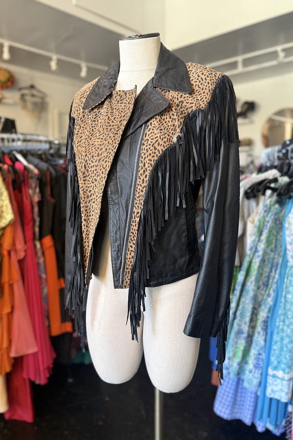 Vintage Fringe Leather Leopard Jacket - Sz M