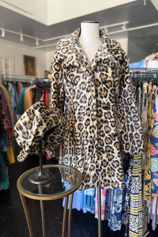 Vintage 1960s Faux Fur Leopard Coat + Hat Set
