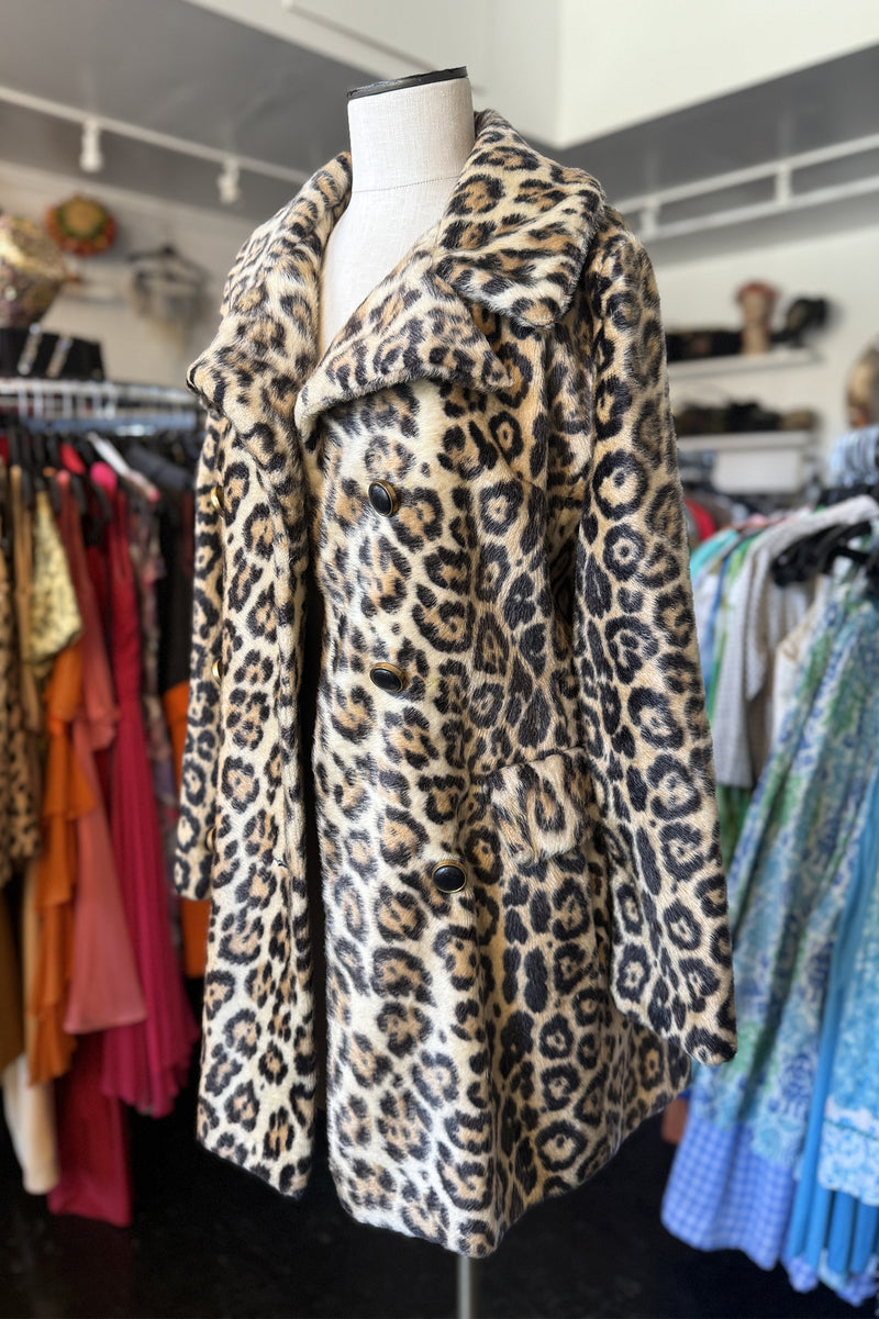 Vintage 1960s Faux Fur Leopard Coat + Hat Set