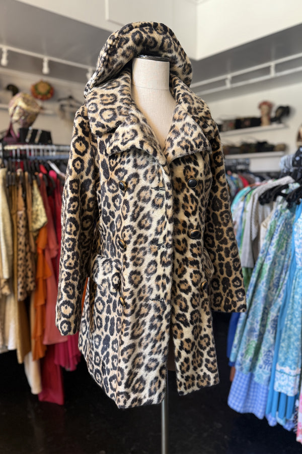 Vintage 1960s Faux Fur Leopard Coat + Hat Set