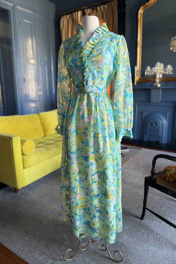 Vintage 1970s Party Ruffle Neck Maxi Dress