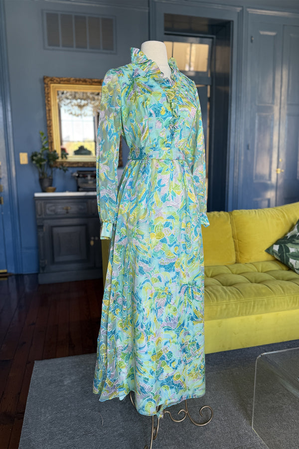 Vintage 1970s Party Ruffle Neck Maxi Dress
