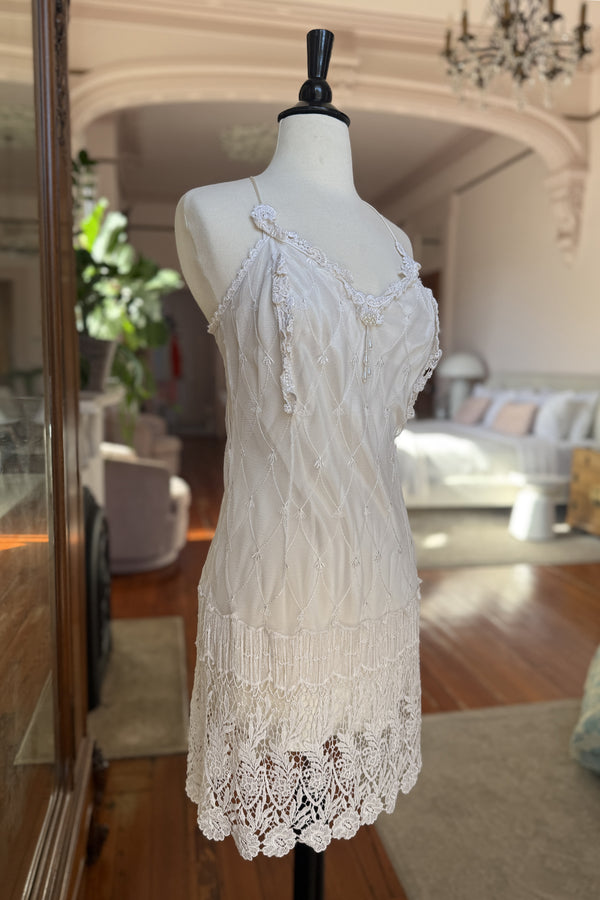 Vintage Y2K Bead and Lace Slip Dress - Size S/M